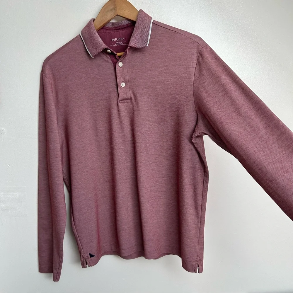 UNTUCKit Mens Beaux Long-Sleeve Tipped Polo Shirt Heathered Red/Pink Size Medium - Picture 6 of 11